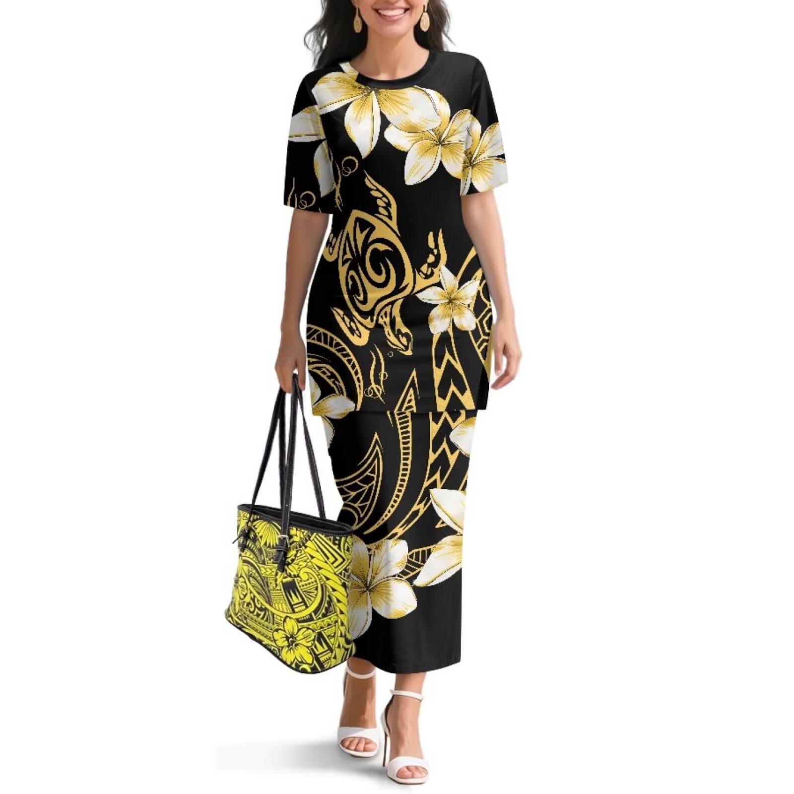 Polynesian Dress for Women Short Sleeve High Waist Maxi Skirt