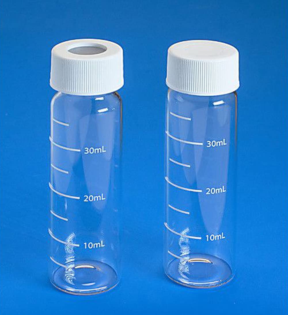 JG Finneran 9-104 Clear Borosilicate Glass Standard VOA Vial with White Polypropylene Open Top Closure and 0.125" PTFE/Silicone Septa, 24-414mm Cap Size, 40mL Capacity (Pack of 144)