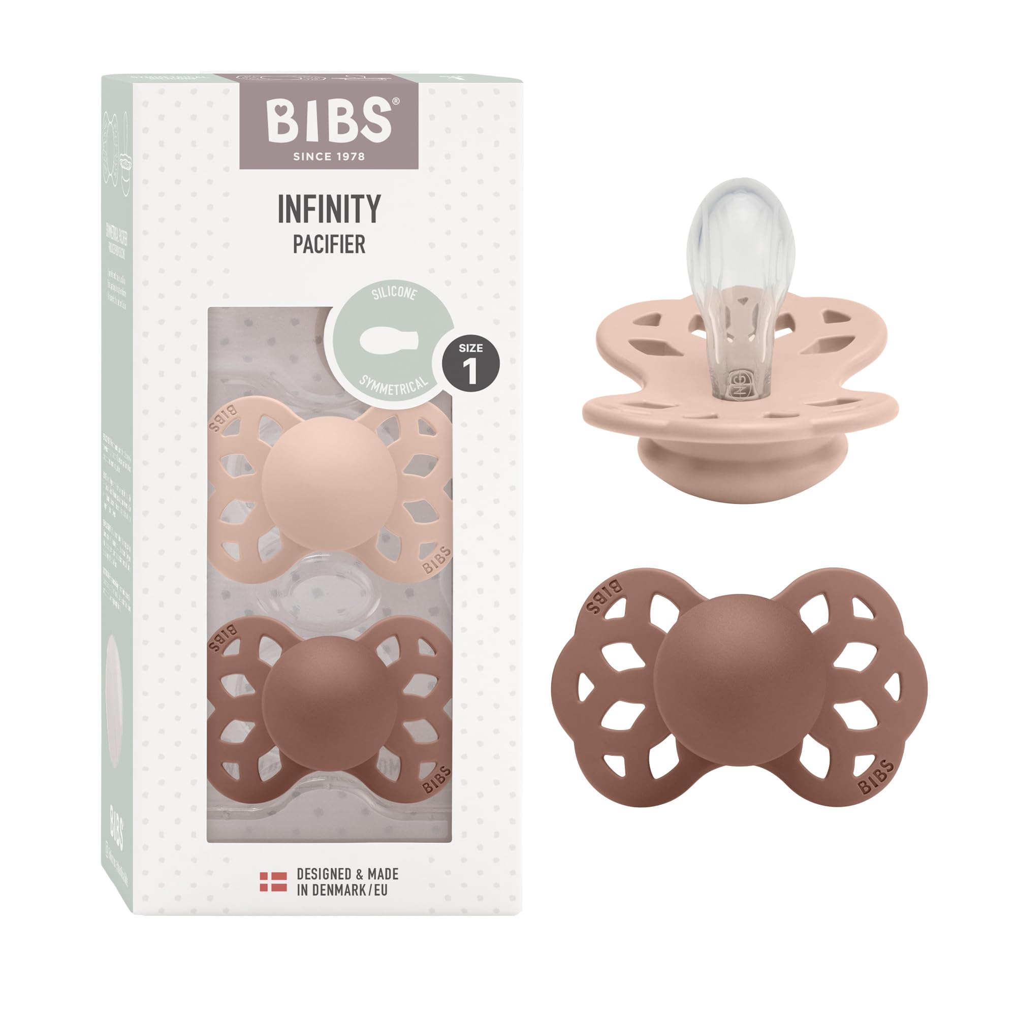 BIBS Infinity Symmetrischer Schnuller Zweierpackung, bisphenol-A frei, Symmetrischer Silikonsauger, Symmetrischer Nippel. Silikon, 0-6 Monate (2er Pack), Blush/Woodchuck