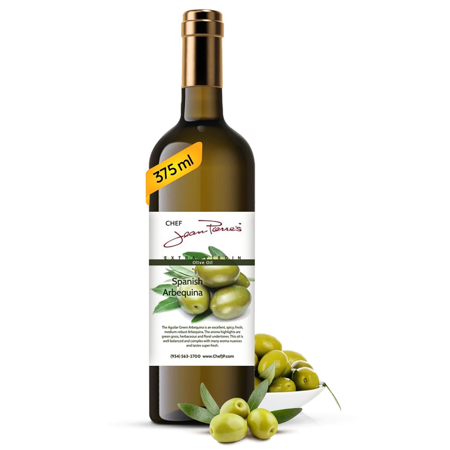 Chef Jean Pierre's Extra Virgin Arbosana Olive Oil - 375ml (12.5oz) Glass Bottle - Naturally Infused with Sweet and Tangy Flavors