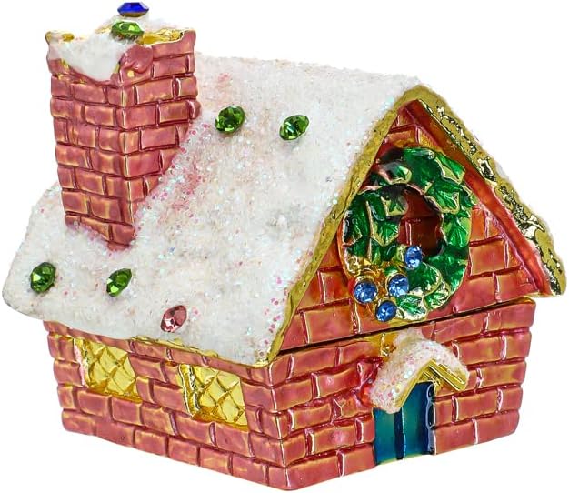 YU FENG Christmas House Figurine Trinket Boxes Hinged Rhinestones Jeweled Enamel Jewelry Ring Ornament Metal Colorful Box