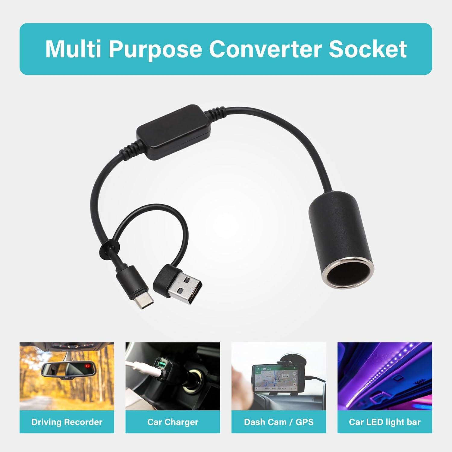 PERNIS USB to Cigarette Lighter Adapter, 35cm Cable, USB A & C Input 5V, 12V Car Cigarette Lighter Socket Output, Power Converter for Dash Cam, GPS, LED Lights& More(12W Max)