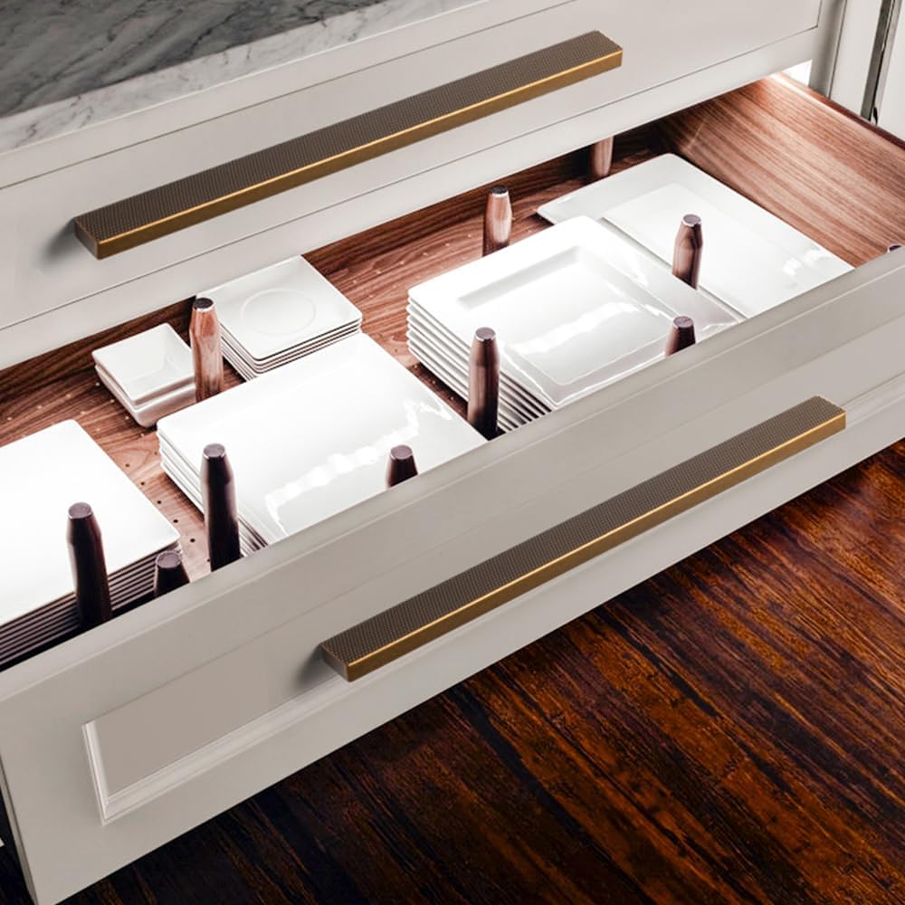 Goo-Ki 6 Pack 7 9/16 Inch Antique Brass Knurled Cabinet Pulls - Vintage Bar Handles - Textured Grip for Drawer, Dressers, Furniture Hardware