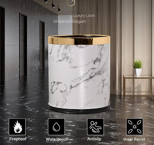 Miniatura 3 de Cubo de basura de metal de lujo de 10 litros, parte superior abierta de doble capa con cubierta de cuero sintético, cesta de basura para cocina,