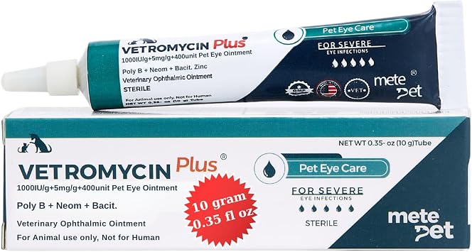 Vetromycin Plus Pet Eye Cream Health for Dogs, Cats, Cattle, Sheep, Horse, Bird 0.35 oz / 10 gr, 1 Tube