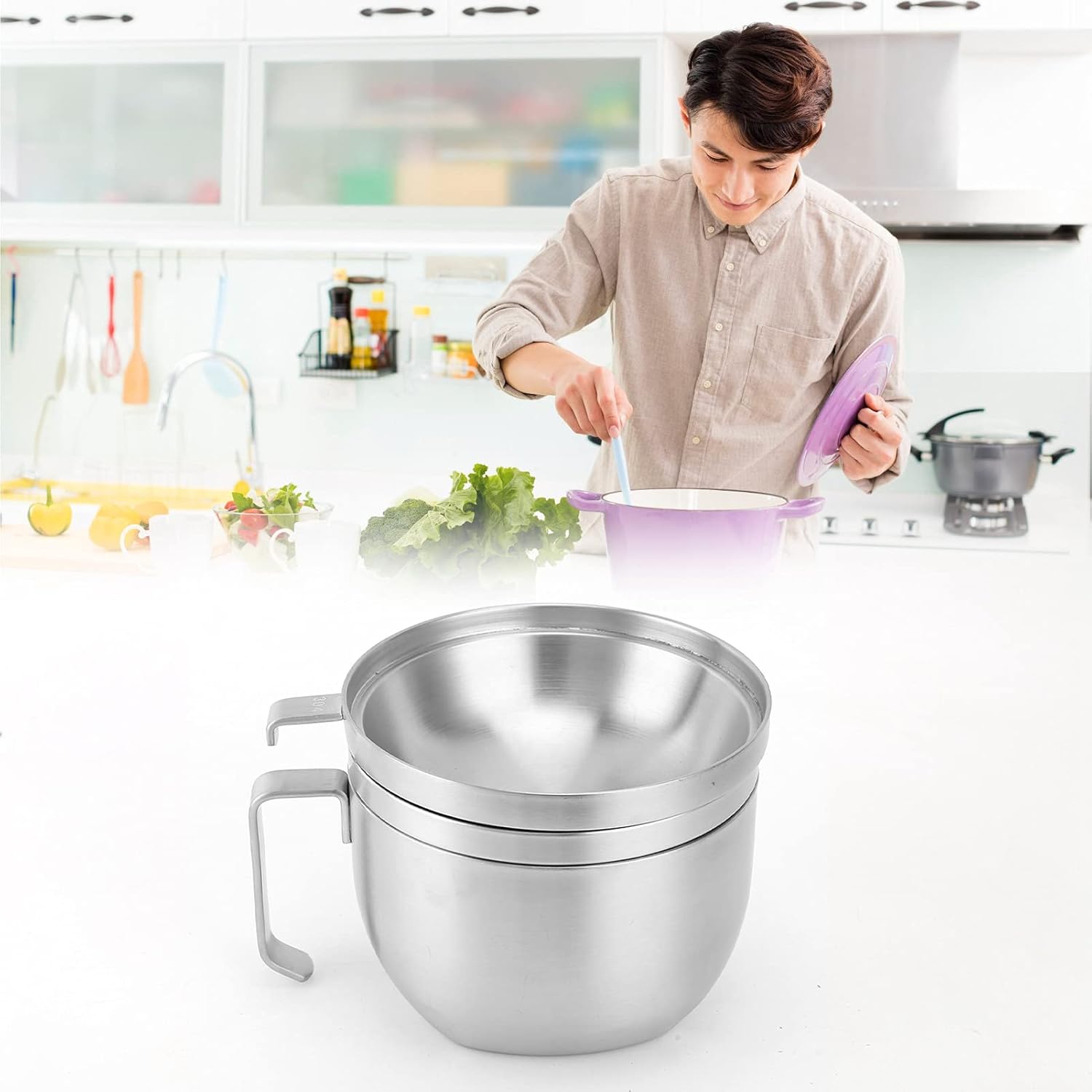 Stainless Steel Mixing Bowl, Large Round Noodle Bowl with Prevent Scalding Handle, Double Layer Serving Bowl with Lid, Mirror Polished Household Soup Bowl for Home, School