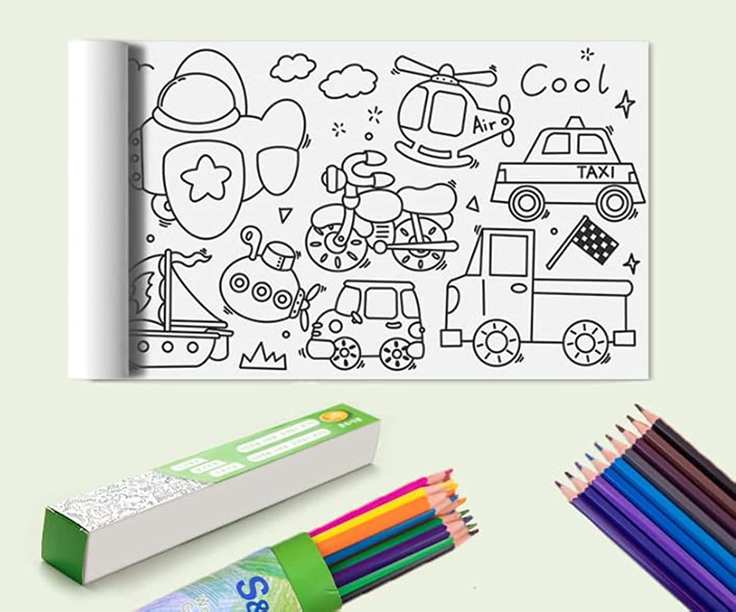 Coolchic Kids Coloring Paper Roll And 24PCS color pencils Set,3 Meters Clean Sticky Drawing Paper Roll for Toddler, Table Wall Coloring Poster Set for Christmas Gift (Dinosaur and traffic)