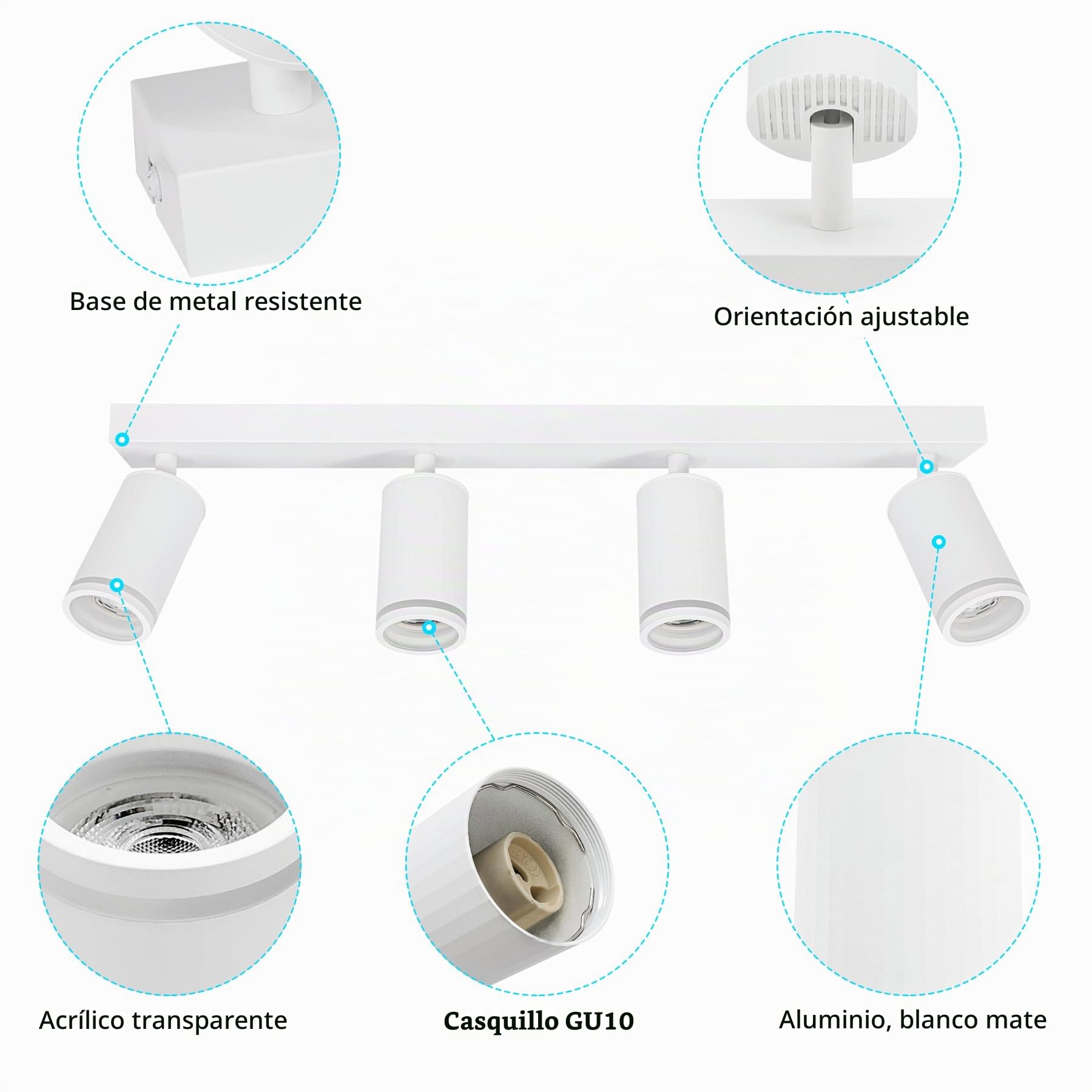 Focos LED Interior Techo con 4 Focos GU10, Lámpara de Techo Ajustables y Giratorios, Blanco Apliques Techo Interior Moderno para Salon Dormitorio Cocina Pasillos, Sin Bombilla GU10