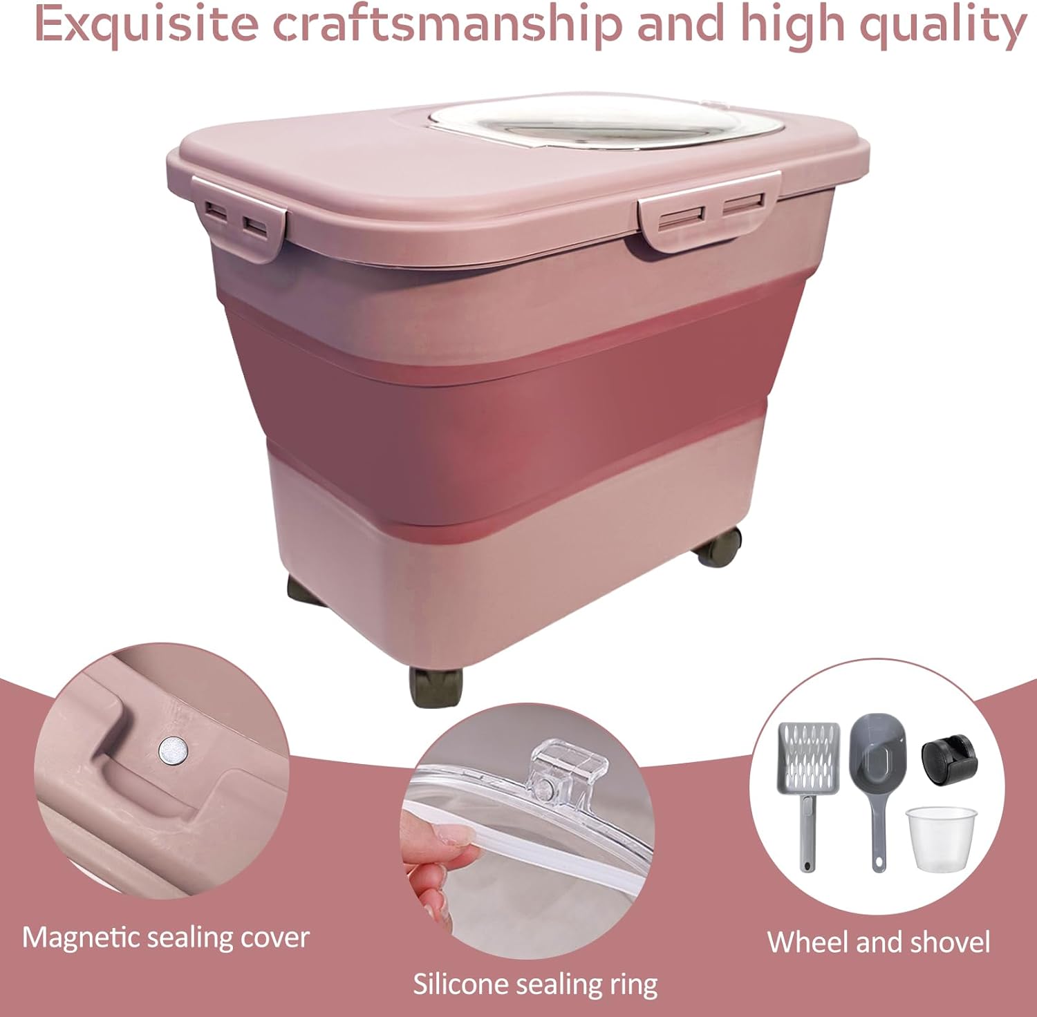 Collapsible Cat Litter Storage Container with Rolling Casters,20 Lbs Cat Litter Storage with Wheels,Airtight Lids,Cat Litter Shovel,Portable Cat Litter Storage Bin Container,BPA Free (Pink)