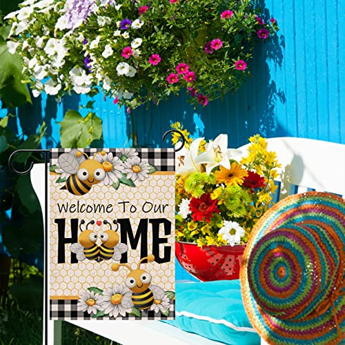Furiaz Welcome To Our Home Bee Spring Summer Decorative Garden Flag, Daisy Yard Buffalo Plaid Check Home Outside Decorations, Flower Farmhouse Burlap Outdoor Small Decor Double Sided 12×18 #TOP5