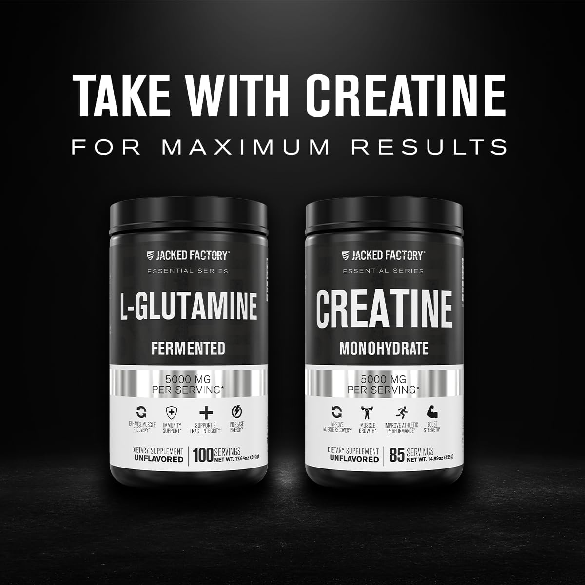 Jacked Factory Creatine Monohydrate Powder 425g, 85 SV & L-Glutamine Supplement 500g, 100 SV - No Artficial Fillers, Unflavored