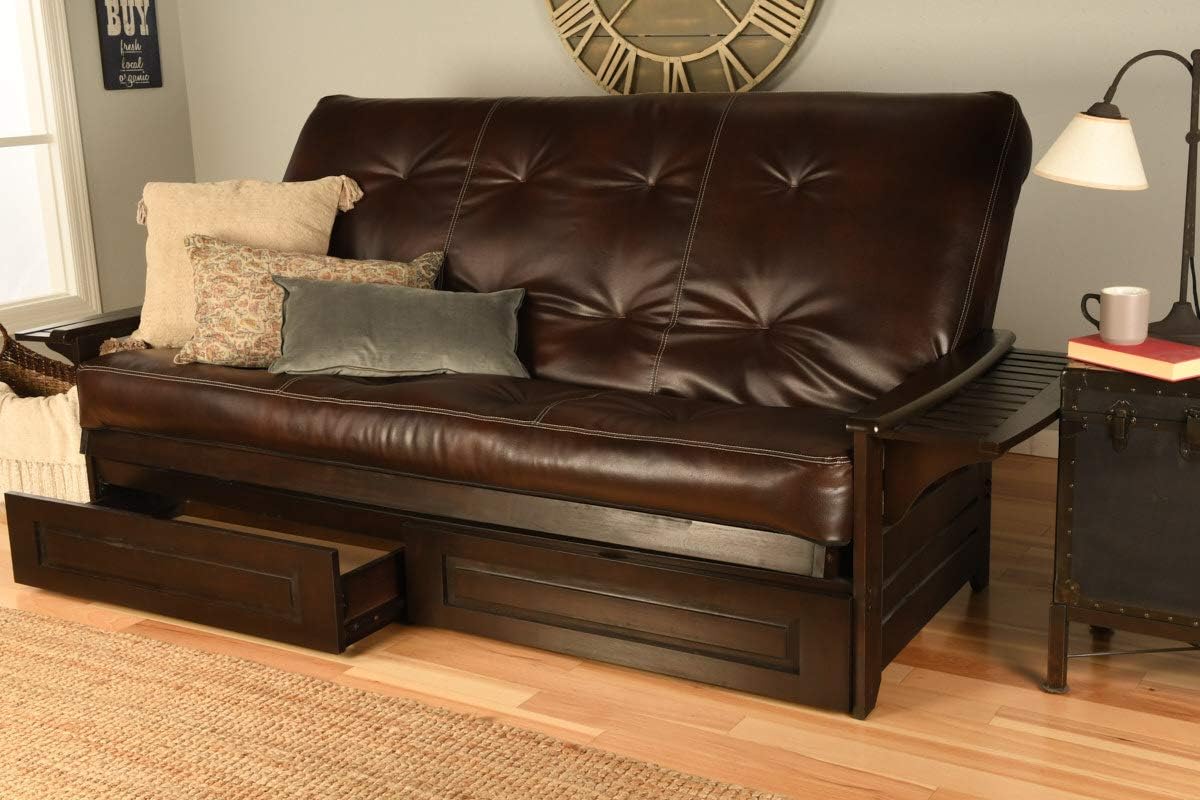 Wood Futon Espresso Frame, Arm Trays Includes 7 Inch Mattress Bonded Leather Sofa Sleeper Bed Choice to add Drawers (Queen Size Frame, Mattress w/Drawers Set)