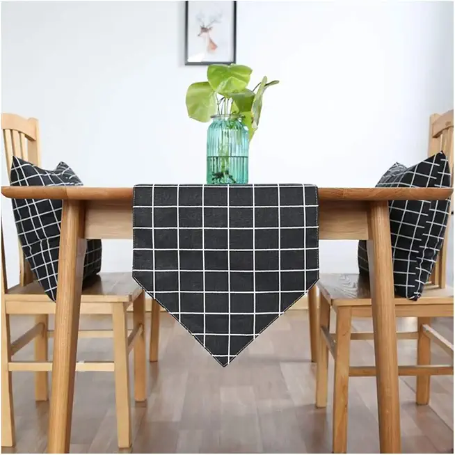 Decorative Table Runner, Black Lattice Pattern Cotton and Linen Table Runner for Buffet Parties and Weddings, 30 x 220 cm