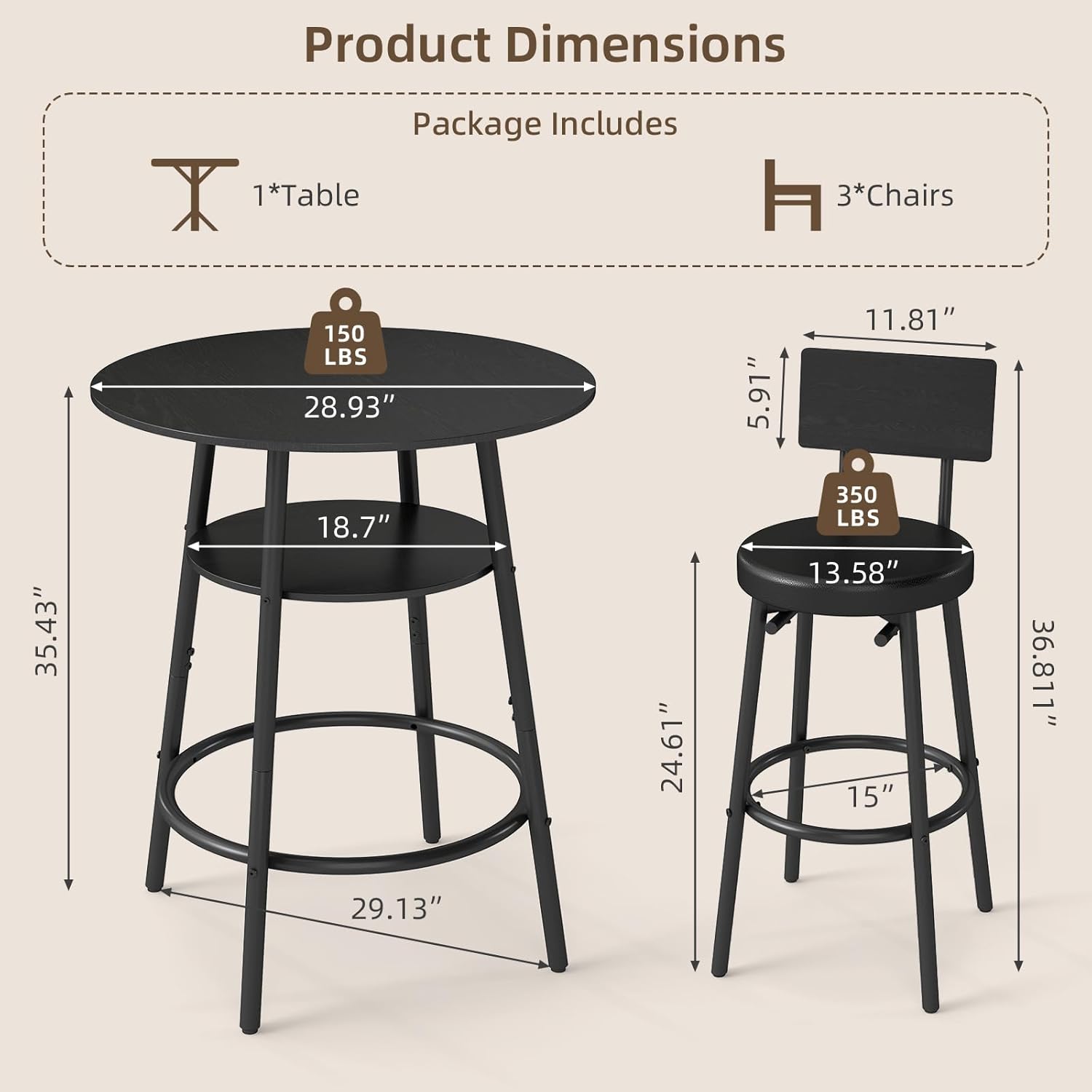 Zevemomo 4 Pieces 28.9" Round Bar Table Set, Bar Stool Table Set of 3, Black Kitchen Bar Table, Breakfast Table with Storage, 3 Thickened Cushion Stools with Backrest for Small Space & Bistro-Black