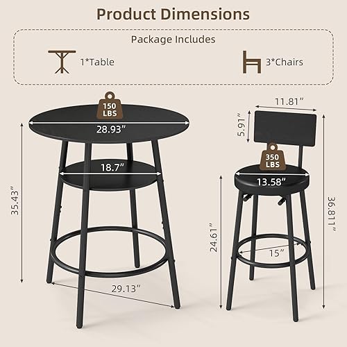 Miniatura 2 de Juego de mesa redonda de bar de 4 piezas de 28.9 pulgadas, juego de 3 taburetes de bar, mesa de bar de cocina negra, mesa de desayuno con Negro