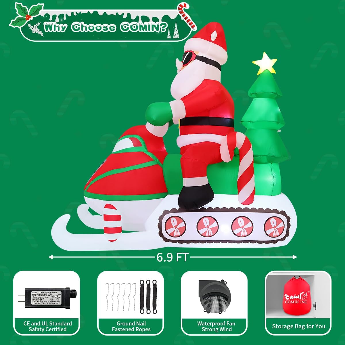 COMIN 6.9 FT Christmas Inflatables Outdoor Decorations Inflatable Santa Claus on Snowmobile Blow ups with Built-in LEDs for Yard Party Lawn Decor