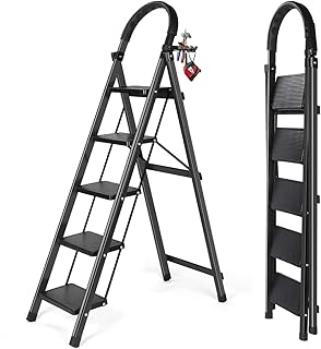 5 Step Ladder, Folding Step Stool, Wide Steps with Handrail Anti-Slip Step Ladder with Handgrip, Sturdy Steel Ladder, Lightweight and Portable Step Ladder for Home, Library, Office, Garage