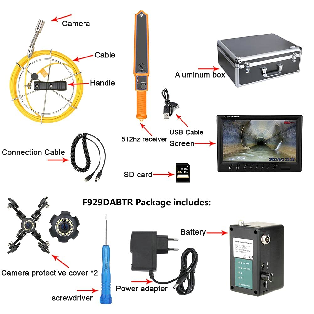 Cámara de Alcantarillado, Cámara de alcantarillado 2 2 mm IP68 HD 1000TVL Cámara de video de inspección de tubería de alcantarillado con endoscopio industrial de alcantarillado de desagüe auto -nivela