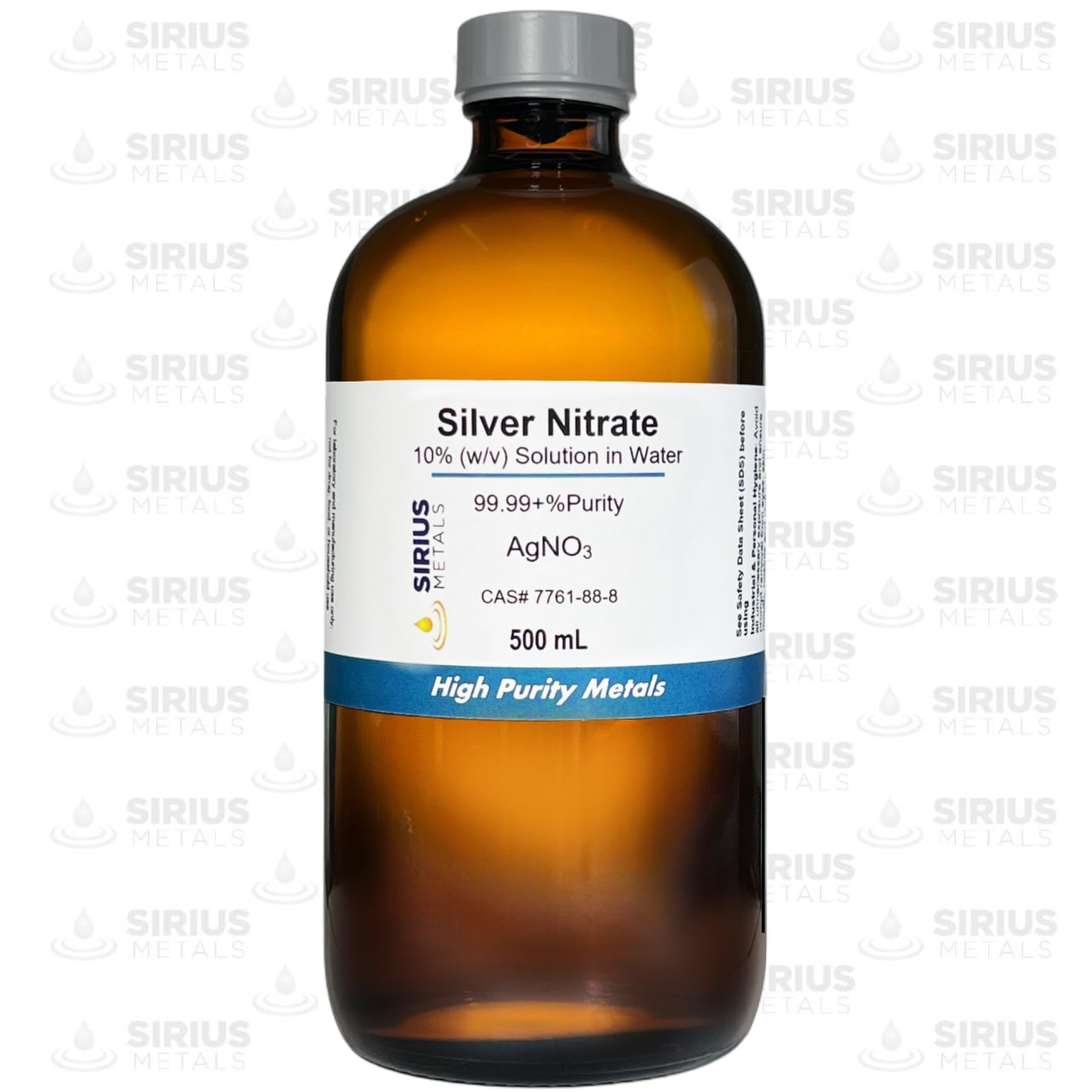 Silver Nitrate Solution (CAS# 7761-88-8) - 10.0% (w/v in Water) as AgNO3 (6.35% as Ag) - 99.99+% Purity: 500 mL in Amber Glass Bottle