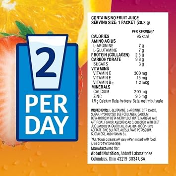 Juven Therapeutic Nutrition Drink Powder Including Collagen Peptides, Amino Acids, and HMB for Wound Healing Support, Fruit Punch, 8 Packets