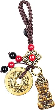 Brass Sakyamuni Buddha Keychain with Feng Shui Coins, Buddha Statue Key Ring as Good Luck Charms Lucky Tassel