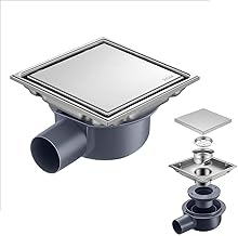 Square Shower Channel 15 x 15 cm, Shower Drain, 360° Siphon with Anti-Odour Filter and Hair Filter, 2 in 1, Stainless Steel Tiling, for Bathrooms, Basements, Indoor and Outdoor