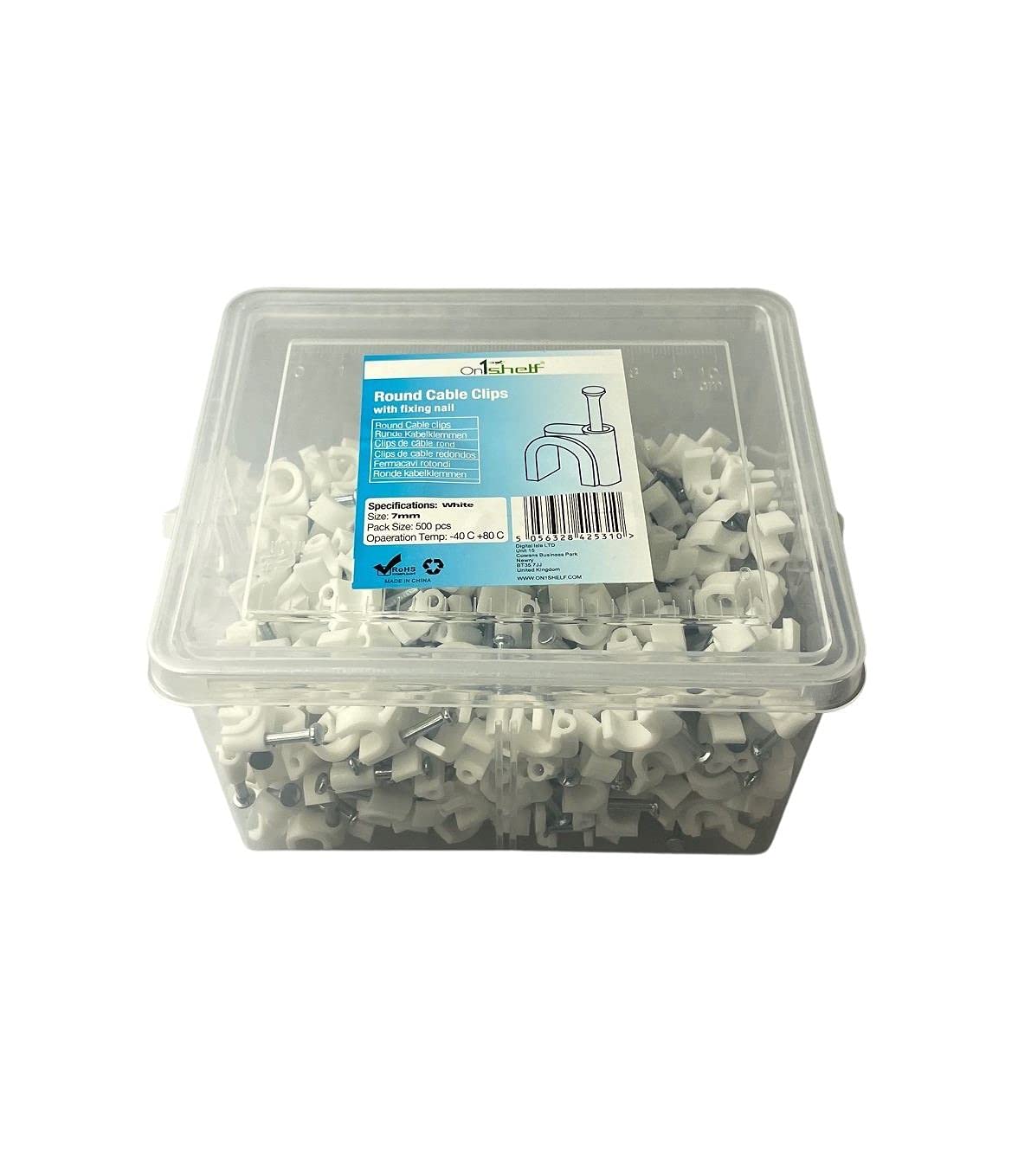 On1shelf White Round Cable Clips K-Type Trade Box, 7Mm- 500 Pieces