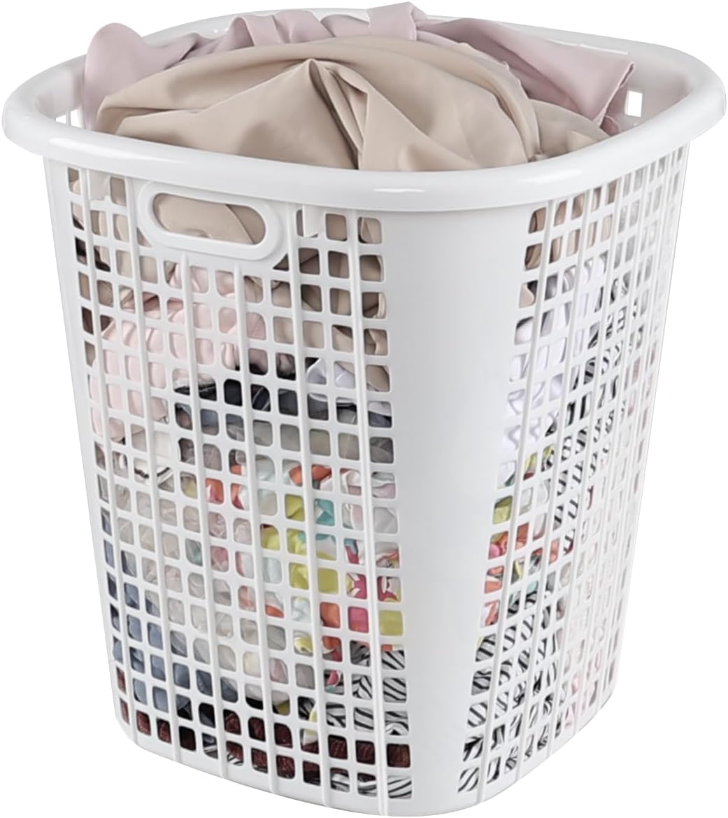Asking Open Plastic Laundry Hamper with Handles for Easy Clothes Transport, 1.7 Bushels/50 L Capacity, Suitable for Bedroom Closets, Dorm, Laundry Room, Bathroom, White