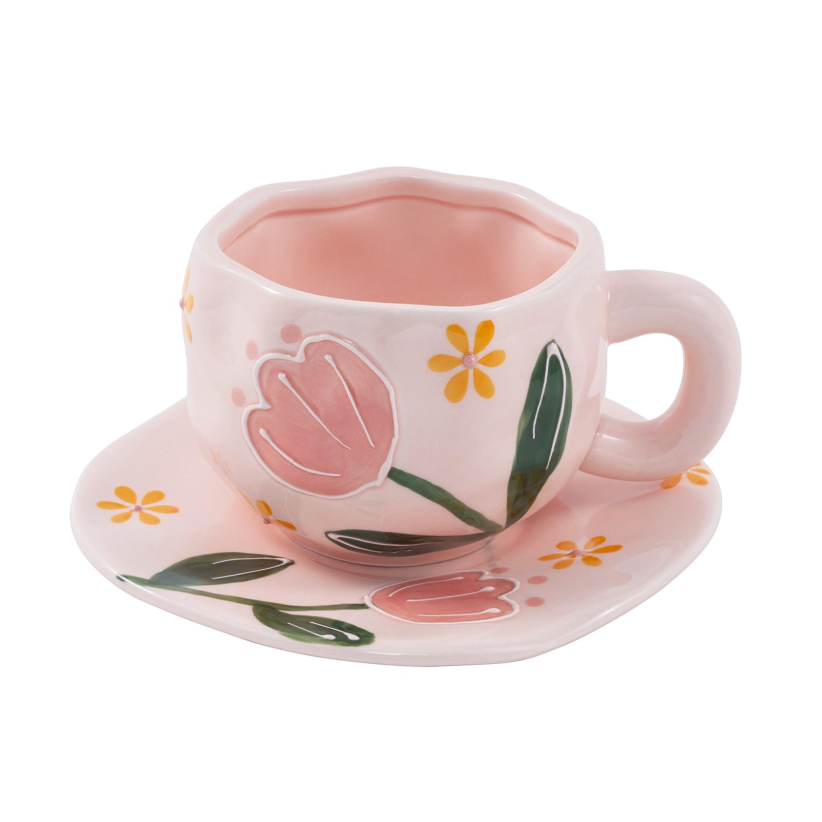 Yebaohond 320ml Ceramic Coffee Cups and Saucer Sets, Irregular Tea Cups, Floral and Pastoral Style (Pink Mist Tulip)