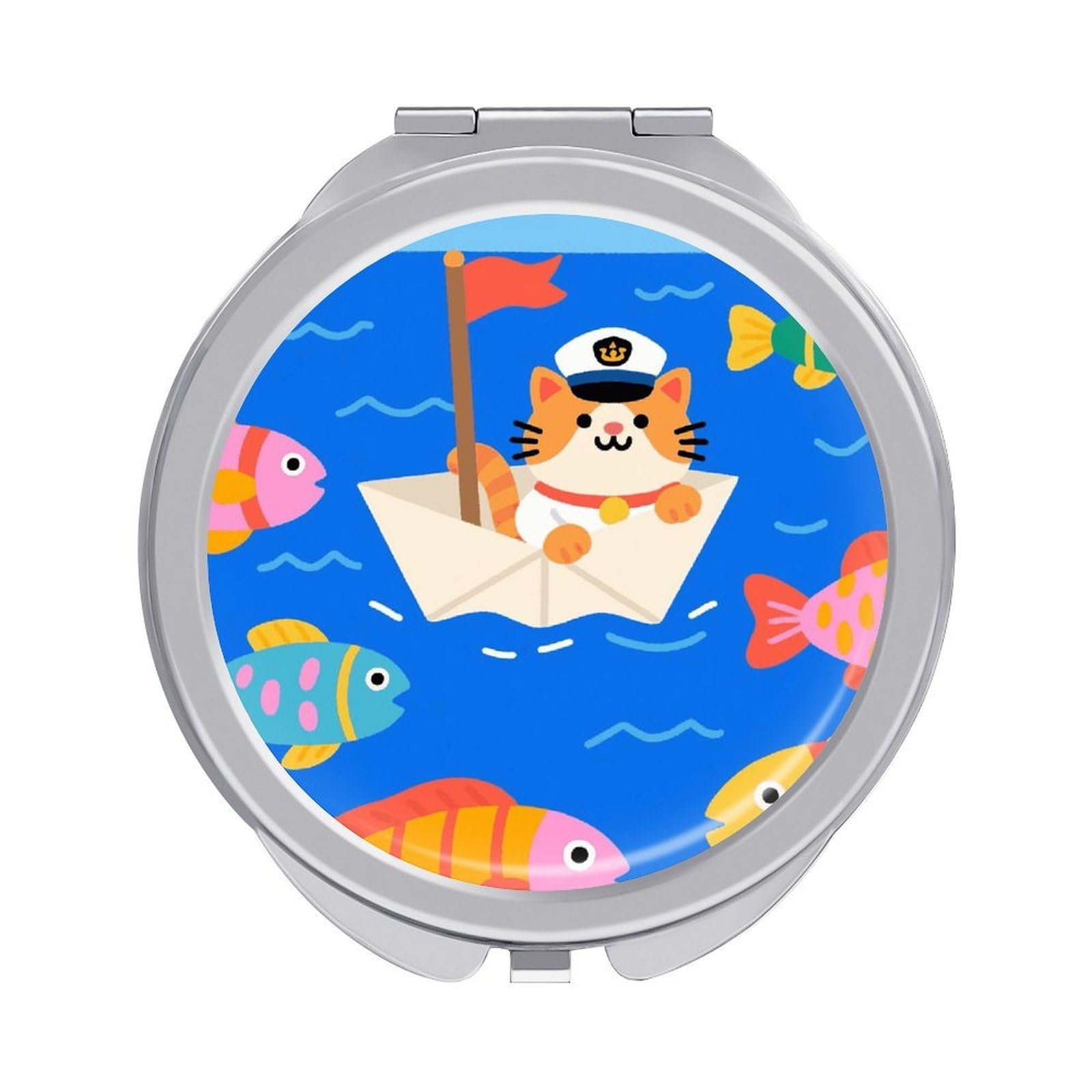 VstaDank Captain - Cat on Paper - Boat Travel Makeup Mirror Fashion Folding Handheld Pocket Mirrors Portable Cute Mini Mirrors Round Compact Mirror for Purse Handbag& Gift Home Outdoor Use