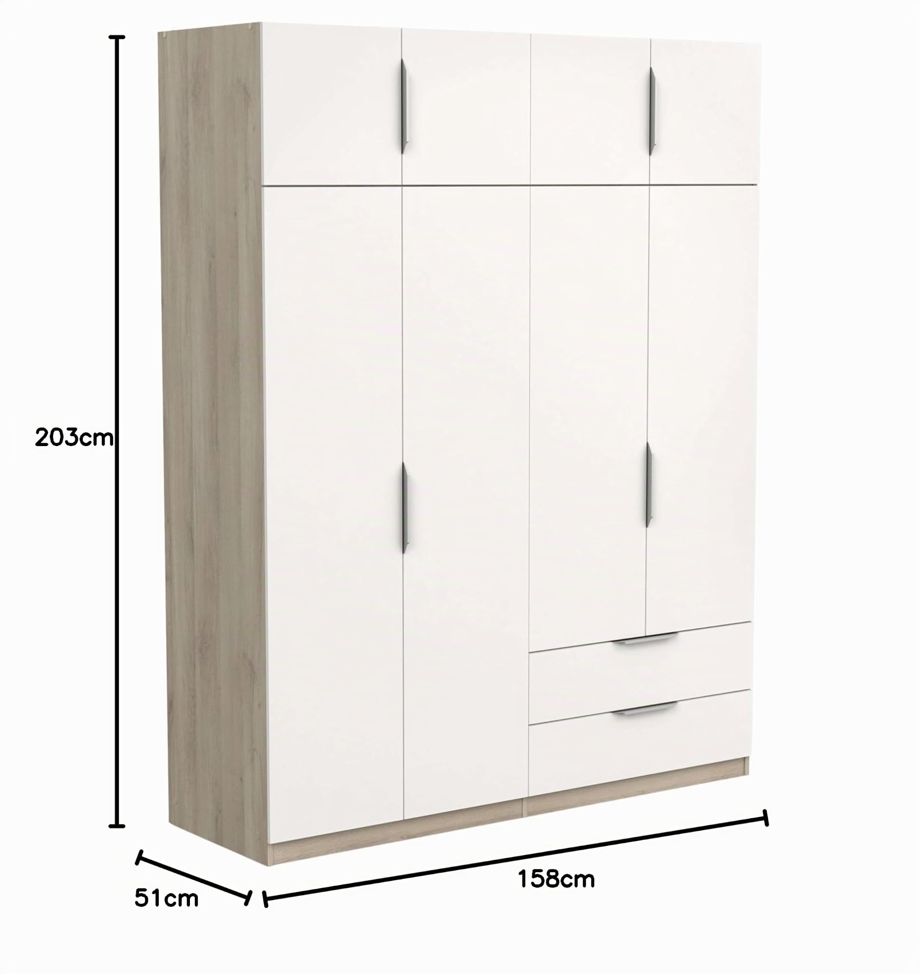 Miroytengo Armario Dormitorio Ghost 8 Puertas y 2 cajones Melamina Color Blanco Mate y Roble Kronberg 158x51 cm