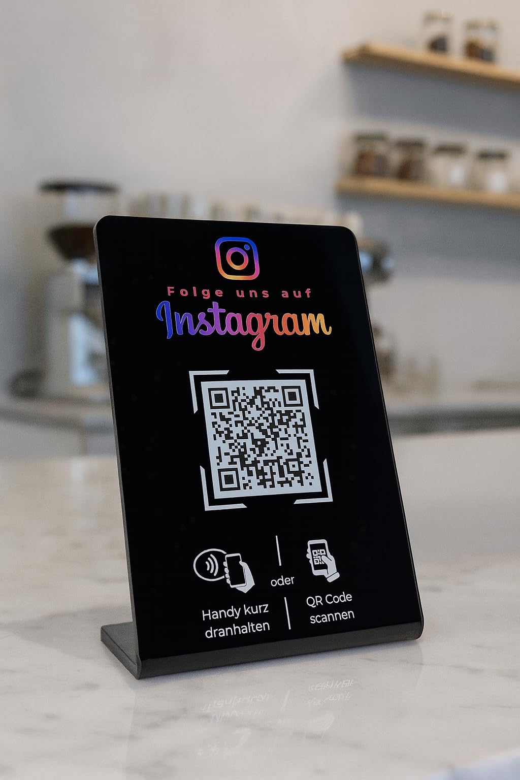 Aufsteller Schild für Instagram mit QR-Code NFC 16,5 x 10,5cm schwarz