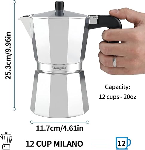 Miniatura 6 de Mongdio Cafetera de café expreso para estufa, cafetera cubana con parte superior de la estufa, olla italiana greca moca, 12 tazas de espresso, 20