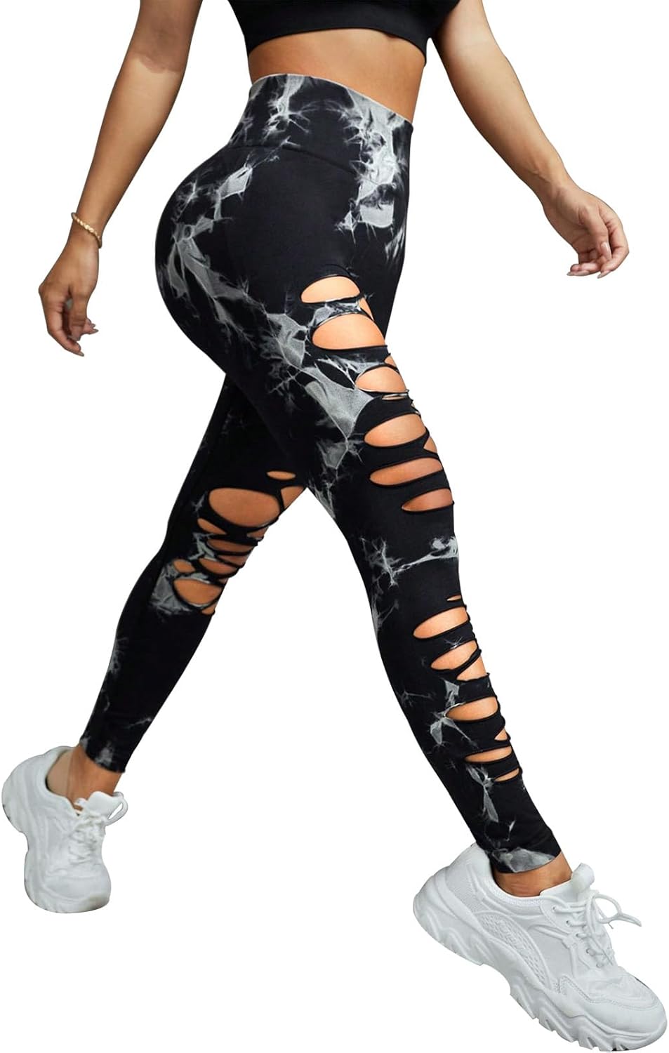 UONNOU Women's Tie Dye Cutout Tights High Waist Workout Yoga Leggings,Scrunch Butt Lifting Elastic Pants,2 Pack - Image 4