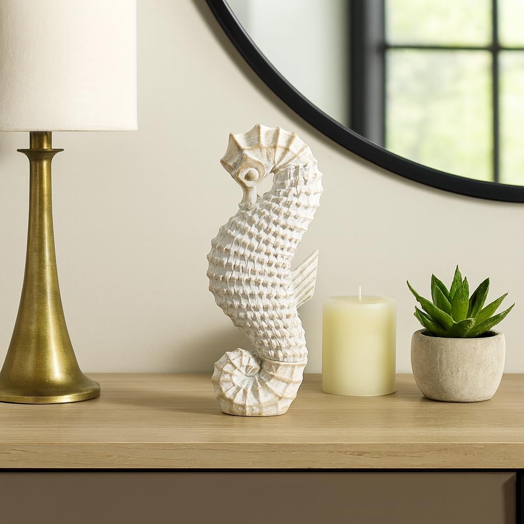 Modern Resin Seahorse Inspired Accent for Home Decor - Coastal Ornament for Bathroom, Office, and Living Room Accent - Sculptural Figurine for Shelf and Table Display - 12", White & Tan