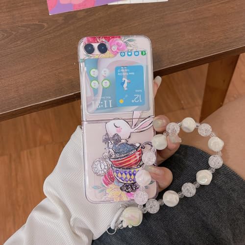 Coque Samsung Z Flip 5 transparente rigide avec bracelet à fleurs bleues
