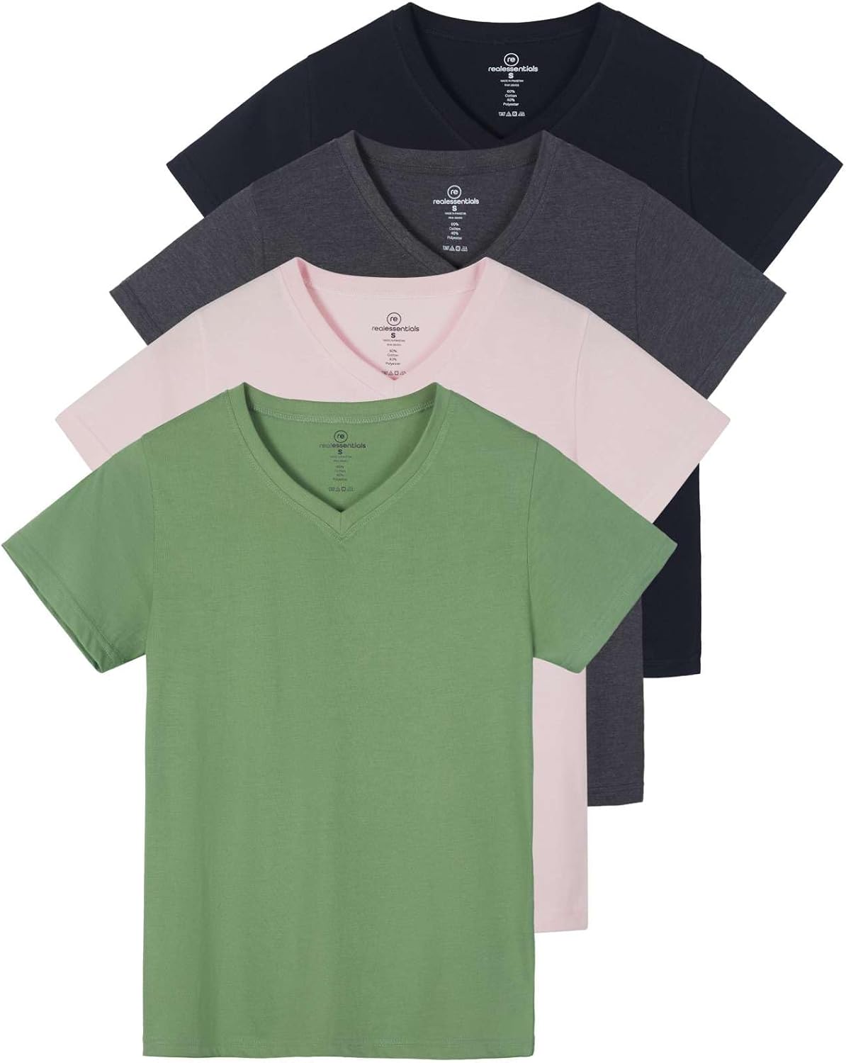 Real Essentials 4 Pack: Women's Classic-Fit Cotton Short-Sleeve V-Neck T-Shirt (Available in Plus Size)