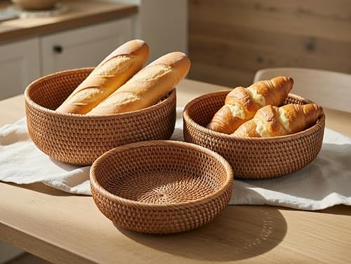 Vista 2 de YANGQIHOME Cesta redonda de ratán natural, cestas de almacenamiento tejidas a mano, organizador de mimbre para comedor (juego de 3)