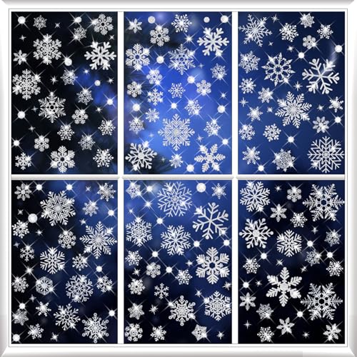 Image of 207 PCS Glitter Snowflake Window Clings - Christmas Window Stickers & Decals for Glass, Double Sided Reusable Static Winter Clings for Christmas Decorations,No Glue Needed(9 Sheets)