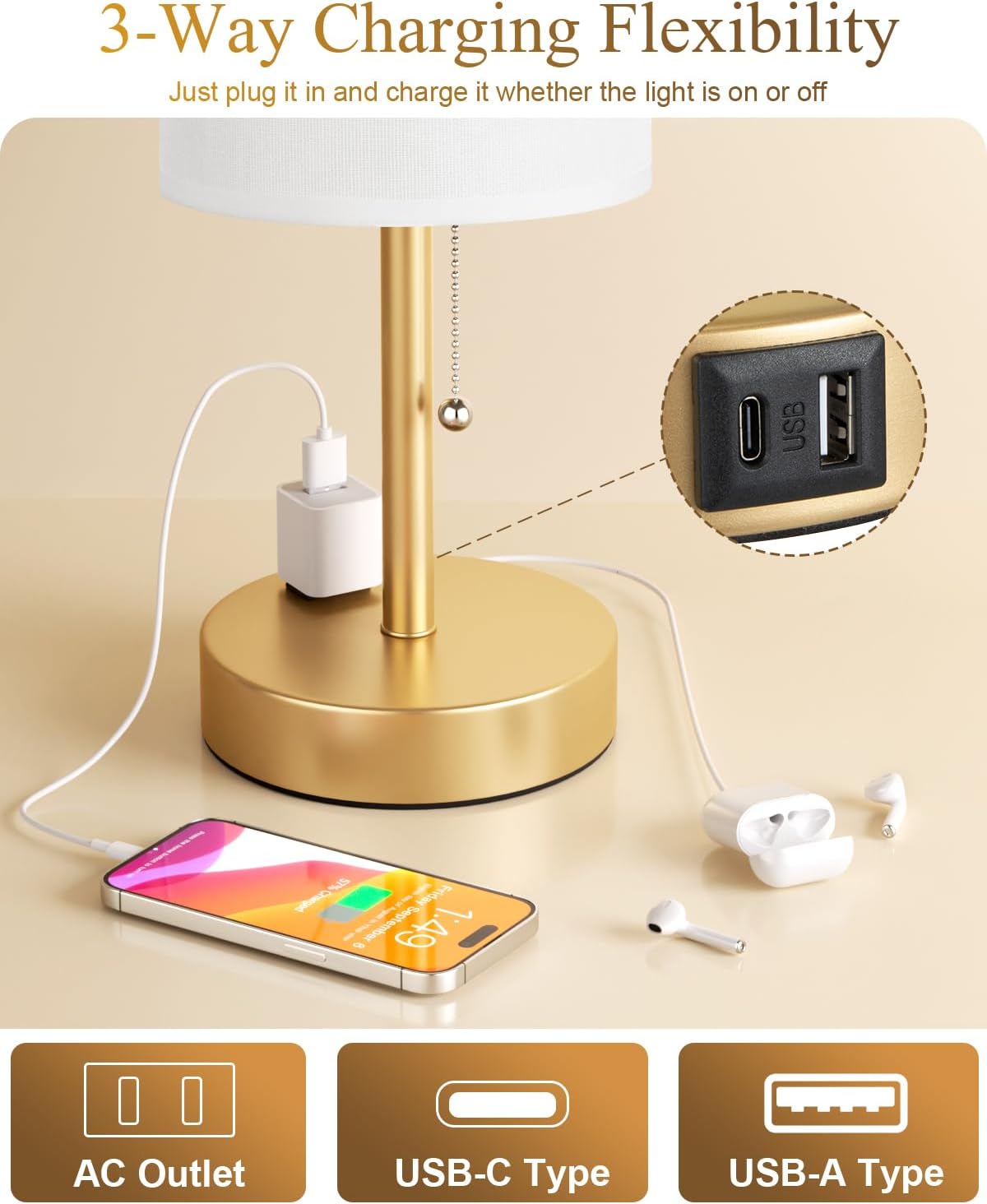17.4" Large Gold Bedside Table Lamps Set of 2 - 3 Color Temperatures Pull Chain Lamp with AC Outlet Charging Port, Round Night Stand Lamps for Bedroom Guest Room Office, Bed Light with E26 LED Bulbs thumbnail