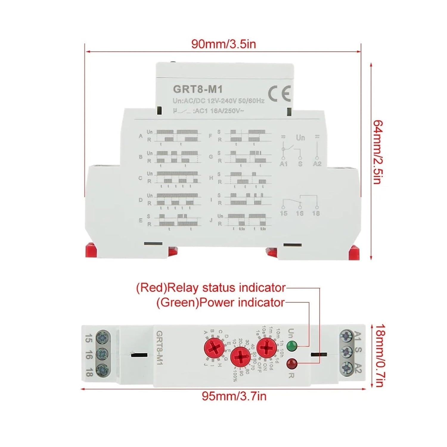 GRT8-M1 Multifunctional Delay Time Relay with 10 Functions DIN Rail Mount AC/DC 12V~240V