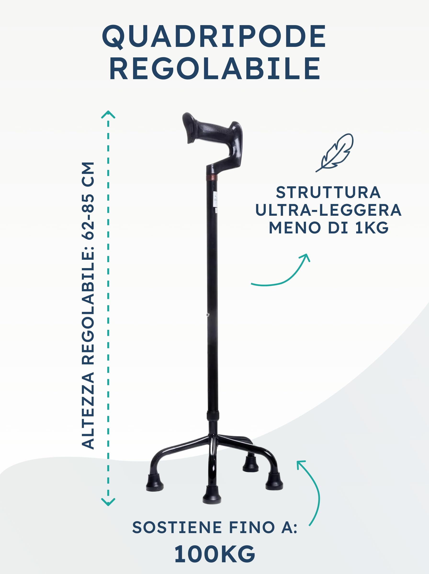 SPES Quadripode Nero in Alluminio - Bastone a 4 Piedi Autoportante per Anziani e Disabili - Ausilio Regolabile (62-85 cm) con Base Antiscivolo Stabile e Impugnatura Anatomica (Design Elegante)
