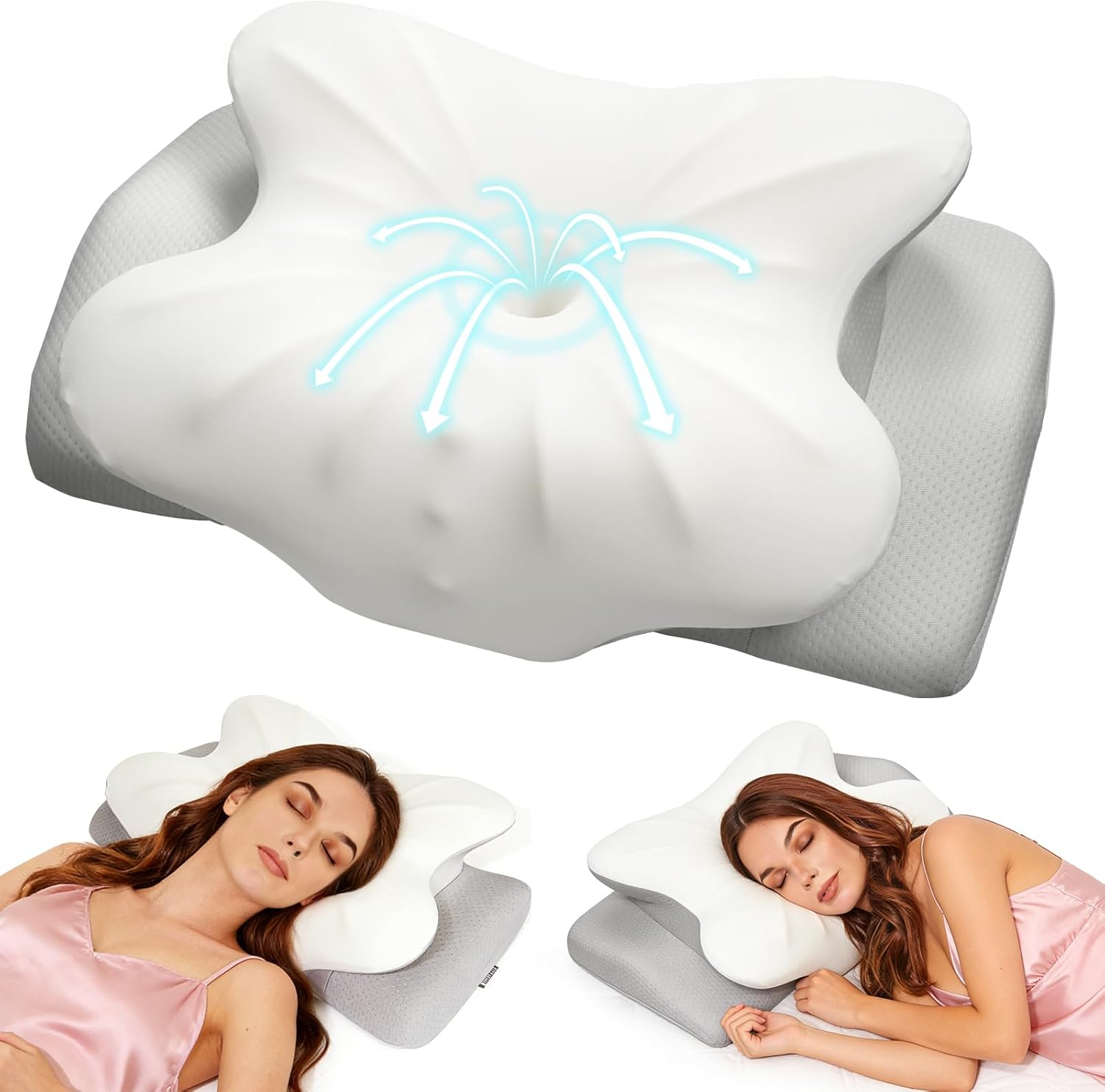 Cervical Neck Pillow for Sleeping Ergonomic Memory Foam Pillow for Neck Pain Relief, Dual Height Contour Support with Cooling Breathable Odorless Pillowcase for Side Back Stomach Sleepers