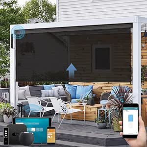 SmartWings Motorized Outdoor Patio Shades Roll Up Blinds for Porch Waterproof Custom Size Black