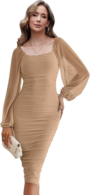 G&Y Womens Lantern Long Puff Sleeve Mesh Ruched Bodycon Dress-Square Neck Cocktail Party Clubwear Midi Dresses