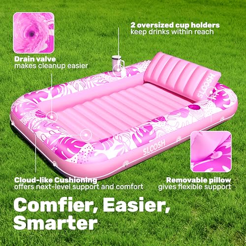 SLOOSH Aufblasbare Tanning Pool, 70\ x 46\ Große aufblasbarer Luftmatratze für Erwachsene mit Kissen, 4-in-1-Sonnenliege, aufblasbares Badebett,Partygeschenk, L-Rosa