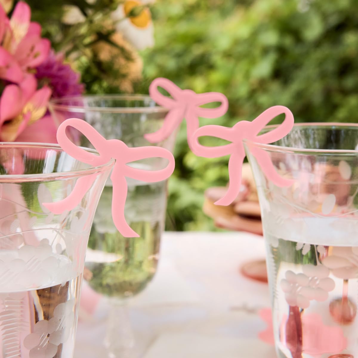 xo, Fetti Pink Bow Drink Markers - 8 count, 2" | Tying the Knot Bachelorette Party, Coquette Birthday Party Accessory, Girly Ribbon Party Drink