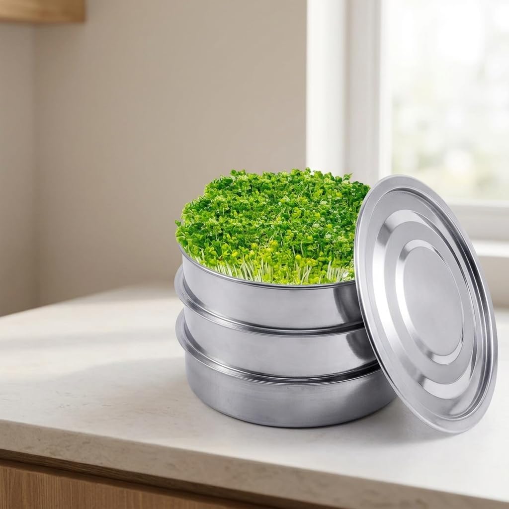 Edelstahl Sprossen Anzuchtset 2 Etagen – Keimschalen für Sprossen, & Microgreens Anzuchtschalen mit Deckel, Großes Set
