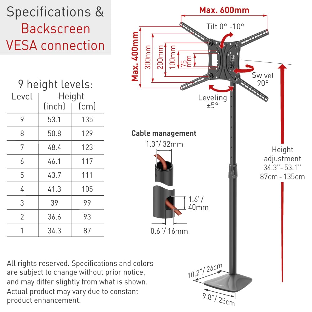 Barkan Soporte TV de Suelo para Pantallas de 13-86 Pulgadas, Giratorio e inclinación y Altura Ajustable, Acabado Brillante, TV Pie, Peso máximo 56Kg, hasta VESA 600x400, Atornillado al Suelo
