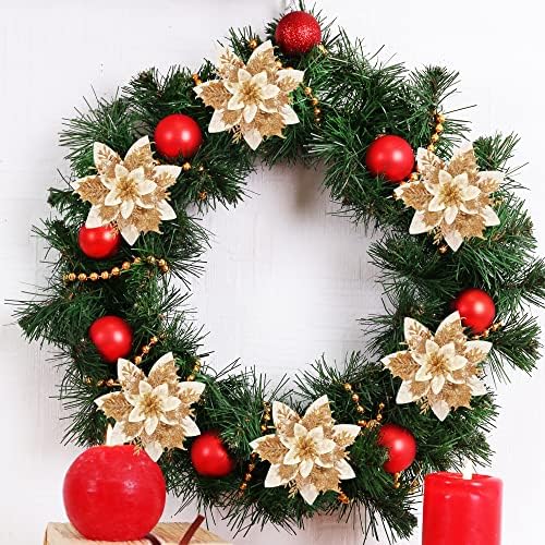 HCSSZ 12pcs Christmas Glitter Artificial Poinsettia Flowers with 12pcs Stems for Wedding Christmas Tree Faux Flowers New Year Ornaments Xmas Garland Wreath Decorations(White Gold)